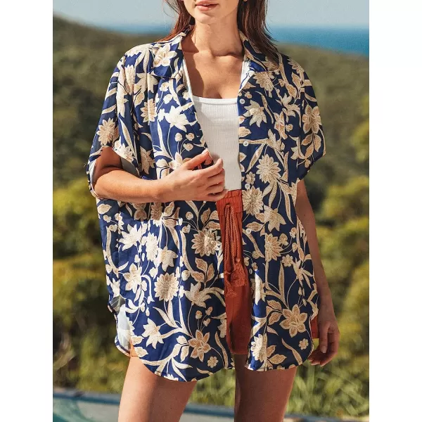 imageCUPSHE Women Floral Print Dropped Shoulder Shirt Short Sleeves Top Open Front Tee CasualBlue