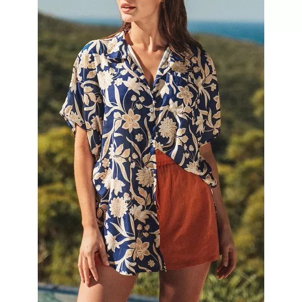 imageCUPSHE Women Floral Print Dropped Shoulder Shirt Short Sleeves Top Open Front Tee CasualBlue