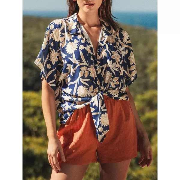 imageCUPSHE Women Floral Print Dropped Shoulder Shirt Short Sleeves Top Open Front Tee CasualBlue
