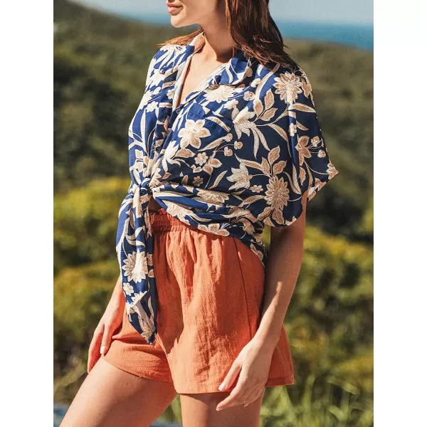 imageCUPSHE Women Floral Print Dropped Shoulder Shirt Short Sleeves Top Open Front Tee CasualBlue