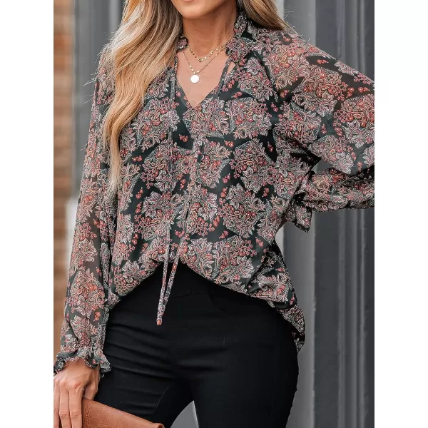 imageCUPSHE Women Floral Print Top Split Neck Tee Blouse Self Tie FrontBlack Floral