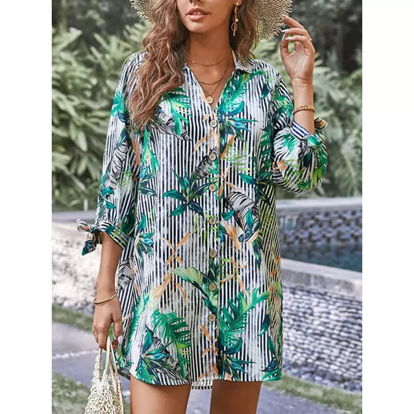 imageCUPSHE Women Floral Shirt 34 Sleeve Beach Cover Up Button DownGreen