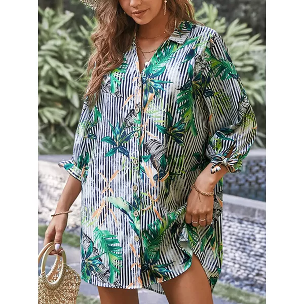imageCUPSHE Women Floral Shirt 34 Sleeve Beach Cover Up Button DownGreen