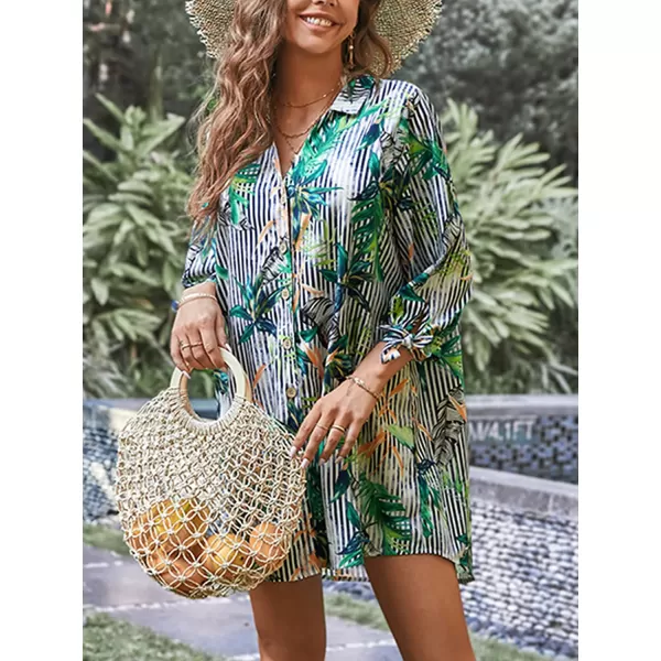 imageCUPSHE Women Floral Shirt 34 Sleeve Beach Cover Up Button DownGreen