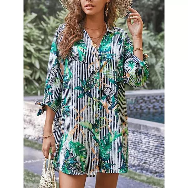 imageCUPSHE Women Floral Shirt 34 Sleeve Beach Cover Up Button DownGreen