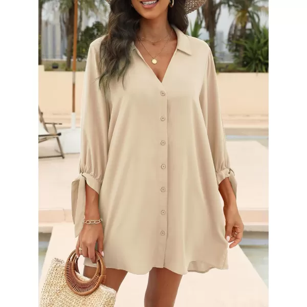 imageCUPSHE Women Floral Shirt Dress Mini Dress Beach Dress 34 Sleeve Button Down Midi Length DressBeige