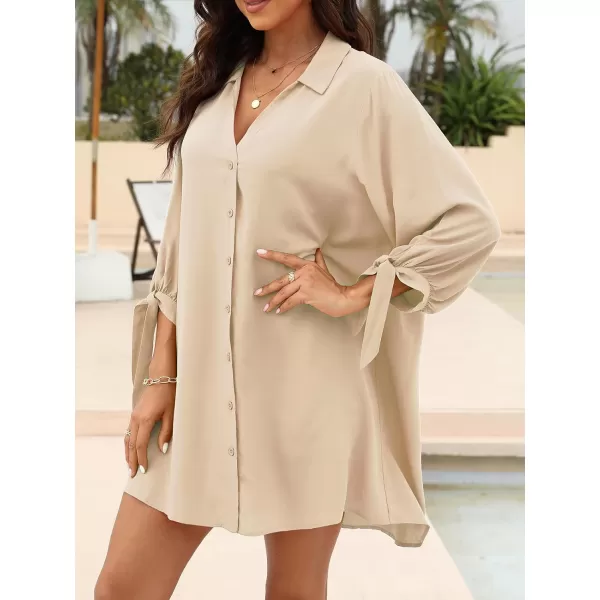 imageCUPSHE Women Floral Shirt Dress Mini Dress Beach Dress 34 Sleeve Button Down Midi Length DressBeige