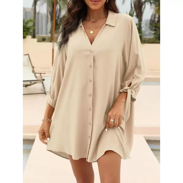 imageCUPSHE Women Floral Shirt Dress Mini Dress Beach Dress 34 Sleeve Button Down Midi Length DressBeige