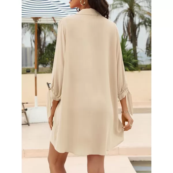 imageCUPSHE Women Floral Shirt Dress Mini Dress Beach Dress 34 Sleeve Button Down Midi Length DressBeige