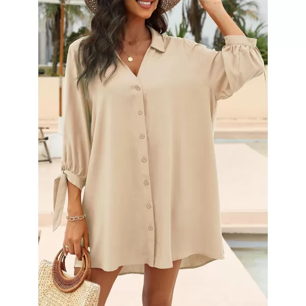 imageCUPSHE Women Floral Shirt Dress Mini Dress Beach Dress 34 Sleeve Button Down Midi Length DressBeige
