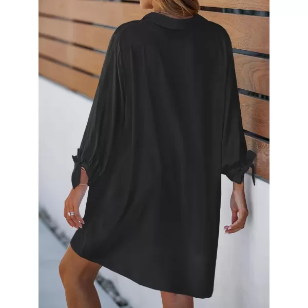 imageCUPSHE Women Floral Shirt Dress Mini Dress Beach Dress 34 Sleeve Button Down Midi Length DressBlack