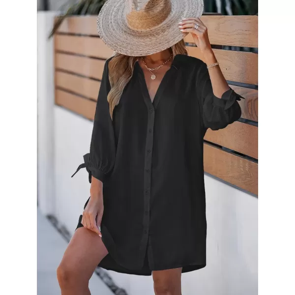 imageCUPSHE Women Floral Shirt Dress Mini Dress Beach Dress 34 Sleeve Button Down Midi Length DressBlack