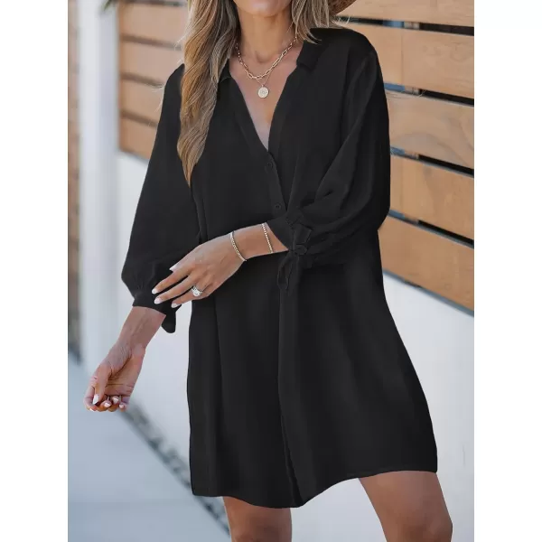 imageCUPSHE Women Floral Shirt Dress Mini Dress Beach Dress 34 Sleeve Button Down Midi Length DressBlack