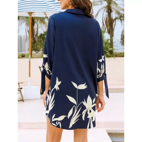 imageCUPSHE Women Floral Shirt Dress Mini Dress Beach Dress 34 Sleeve Button Down Midi Length DressBlue Floral