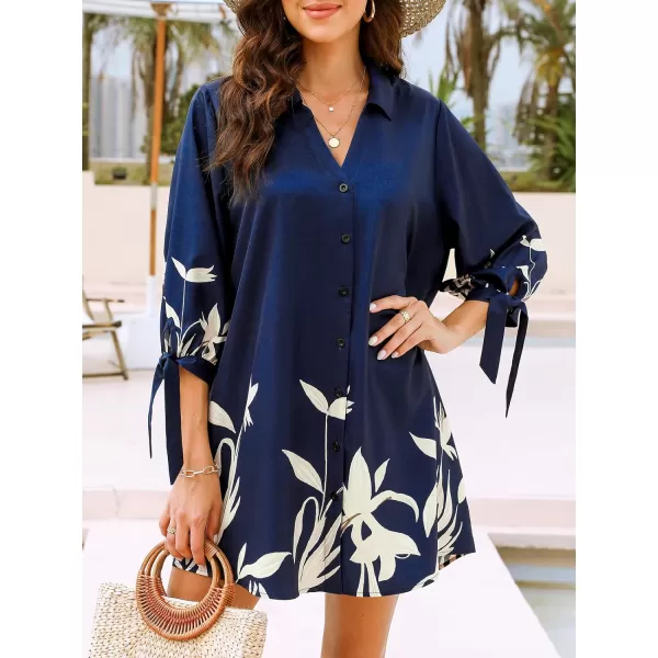 imageCUPSHE Women Floral Shirt Dress Mini Dress Beach Dress 34 Sleeve Button Down Midi Length DressBlue Floral