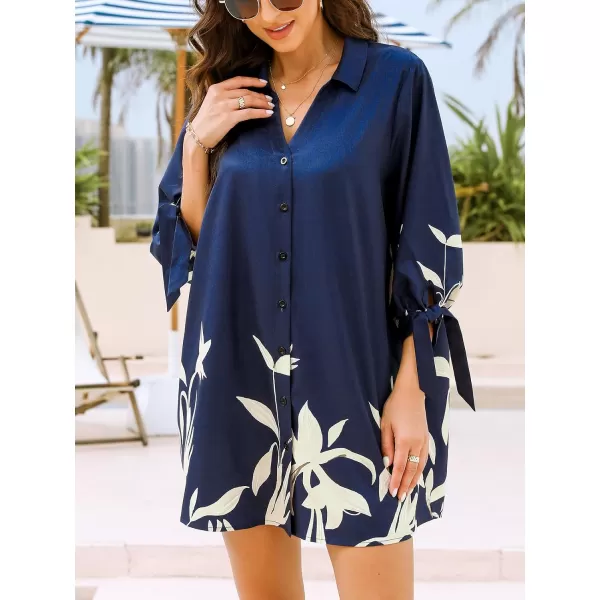 imageCUPSHE Women Floral Shirt Dress Mini Dress Beach Dress 34 Sleeve Button Down Midi Length DressBlue Floral