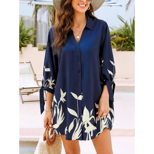 imageCUPSHE Women Floral Shirt Dress Mini Dress Beach Dress 34 Sleeve Button Down Midi Length DressBlue Floral