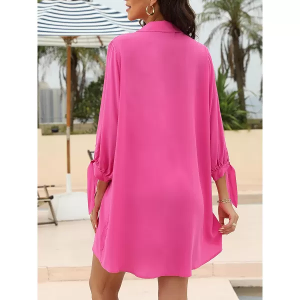 imageCUPSHE Women Floral Shirt Dress Mini Dress Beach Dress 34 Sleeve Button Down Midi Length DressFuchsia