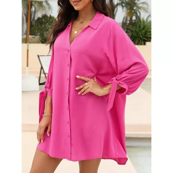 imageCUPSHE Women Floral Shirt Dress Mini Dress Beach Dress 34 Sleeve Button Down Midi Length DressFuchsia