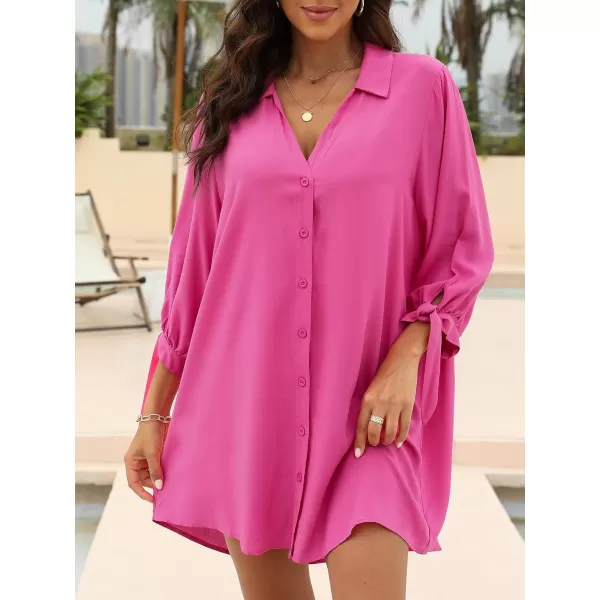 imageCUPSHE Women Floral Shirt Dress Mini Dress Beach Dress 34 Sleeve Button Down Midi Length DressFuchsia