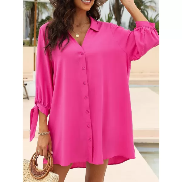 imageCUPSHE Women Floral Shirt Dress Mini Dress Beach Dress 34 Sleeve Button Down Midi Length DressFuchsia