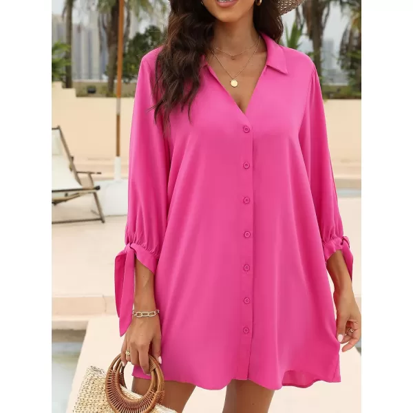 imageCUPSHE Women Floral Shirt Dress Mini Dress Beach Dress 34 Sleeve Button Down Midi Length DressFuchsia
