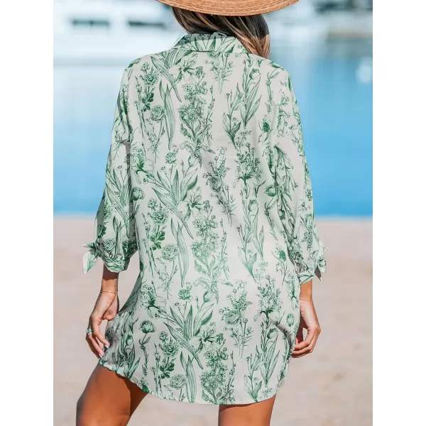 imageCUPSHE Women Floral Shirt Dress Mini Dress Beach Dress 34 Sleeve Button Down Midi Length DressGreen Floral
