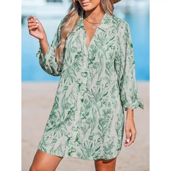 imageCUPSHE Women Floral Shirt Dress Mini Dress Beach Dress 34 Sleeve Button Down Midi Length DressGreen Floral