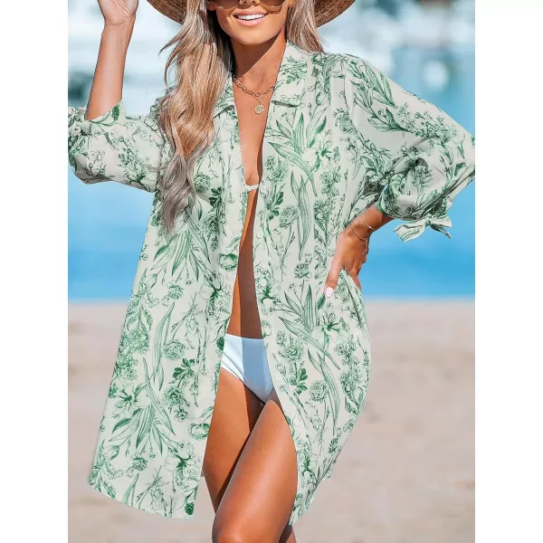 imageCUPSHE Women Floral Shirt Dress Mini Dress Beach Dress 34 Sleeve Button Down Midi Length DressGreen Floral
