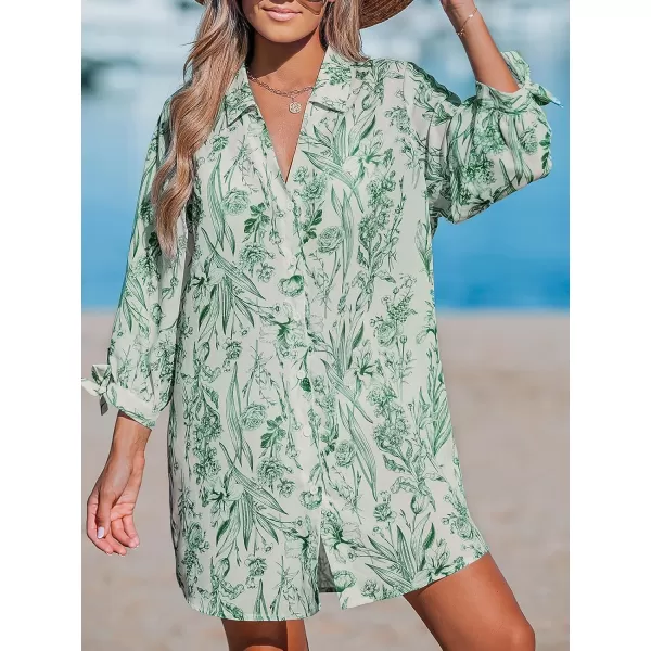 imageCUPSHE Women Floral Shirt Dress Mini Dress Beach Dress 34 Sleeve Button Down Midi Length DressGreen Floral