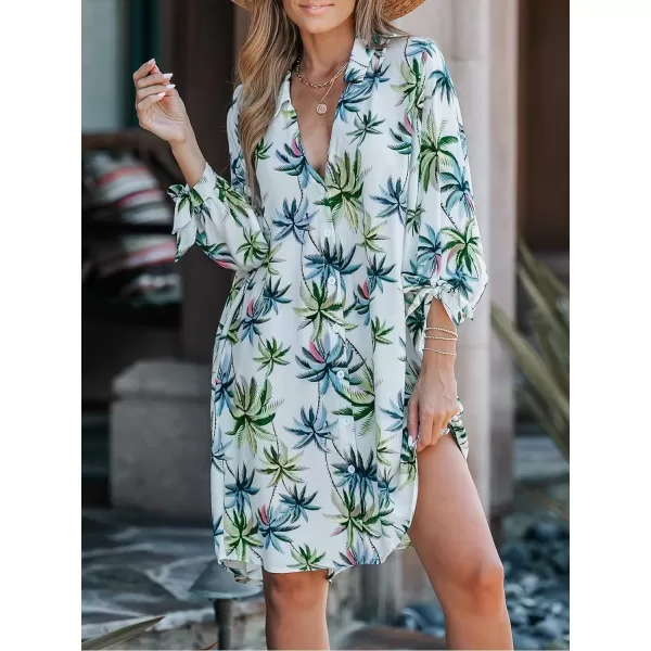 imageCUPSHE Women Floral Shirt Dress Mini Dress Beach Dress 34 Sleeve Button Down Midi Length DressGreen Leaf