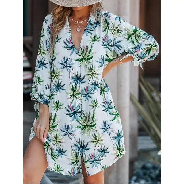 imageCUPSHE Women Floral Shirt Dress Mini Dress Beach Dress 34 Sleeve Button Down Midi Length DressGreen Leaf