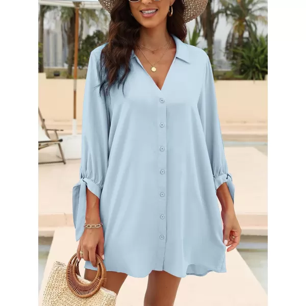 imageCUPSHE Women Floral Shirt Dress Mini Dress Beach Dress 34 Sleeve Button Down Midi Length DressLight Blue