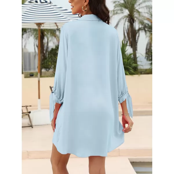 imageCUPSHE Women Floral Shirt Dress Mini Dress Beach Dress 34 Sleeve Button Down Midi Length DressLight Blue