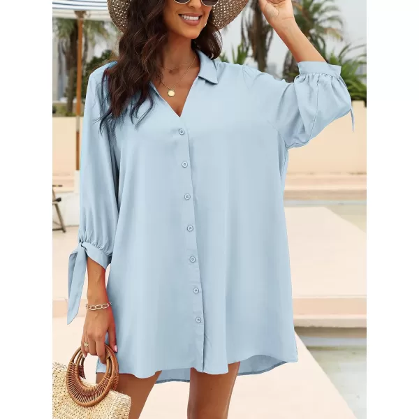 imageCUPSHE Women Floral Shirt Dress Mini Dress Beach Dress 34 Sleeve Button Down Midi Length DressLight Blue