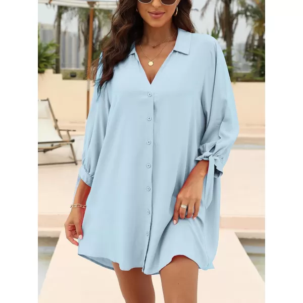 imageCUPSHE Women Floral Shirt Dress Mini Dress Beach Dress 34 Sleeve Button Down Midi Length DressLight Blue