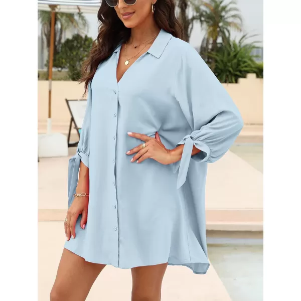 imageCUPSHE Women Floral Shirt Dress Mini Dress Beach Dress 34 Sleeve Button Down Midi Length DressLight Blue