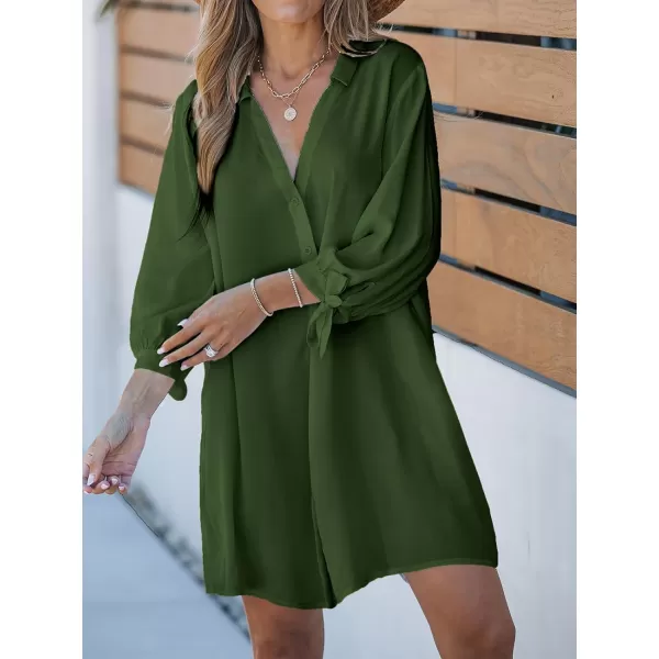 imageCUPSHE Women Floral Shirt Dress Mini Dress Beach Dress 34 Sleeve Button Down Midi Length DressOlive Green
