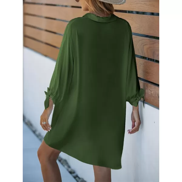 imageCUPSHE Women Floral Shirt Dress Mini Dress Beach Dress 34 Sleeve Button Down Midi Length DressOlive Green