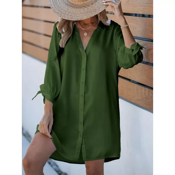 imageCUPSHE Women Floral Shirt Dress Mini Dress Beach Dress 34 Sleeve Button Down Midi Length DressOlive Green