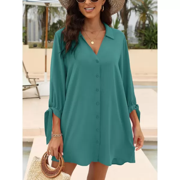 imageCUPSHE Women Floral Shirt Dress Mini Dress Beach Dress 34 Sleeve Button Down Midi Length DressPeacock Green