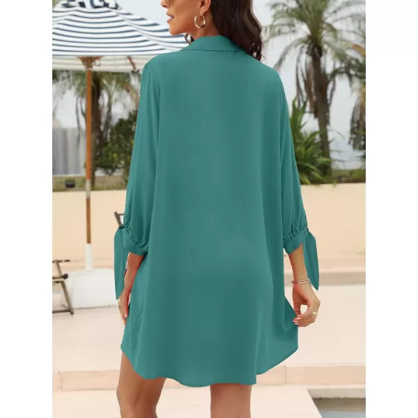 imageCUPSHE Women Floral Shirt Dress Mini Dress Beach Dress 34 Sleeve Button Down Midi Length DressPeacock Green