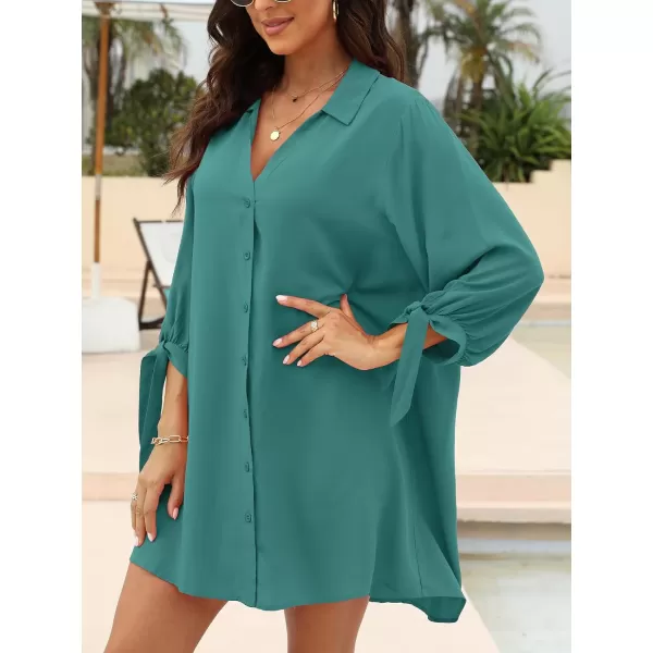 imageCUPSHE Women Floral Shirt Dress Mini Dress Beach Dress 34 Sleeve Button Down Midi Length DressPeacock Green