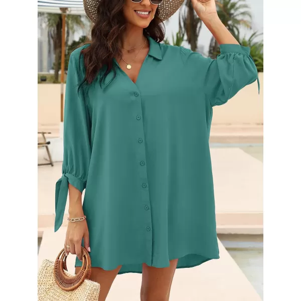 imageCUPSHE Women Floral Shirt Dress Mini Dress Beach Dress 34 Sleeve Button Down Midi Length DressPeacock Green