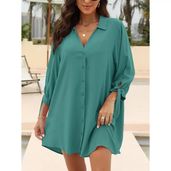 imageCUPSHE Women Floral Shirt Dress Mini Dress Beach Dress 34 Sleeve Button Down Midi Length DressPeacock Green