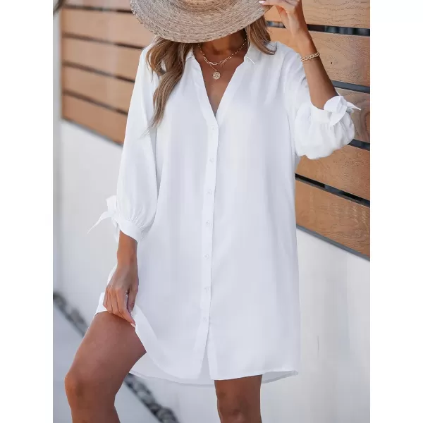 imageCUPSHE Women Floral Shirt Dress Mini Dress Beach Dress 34 Sleeve Button Down Midi Length DressWhite