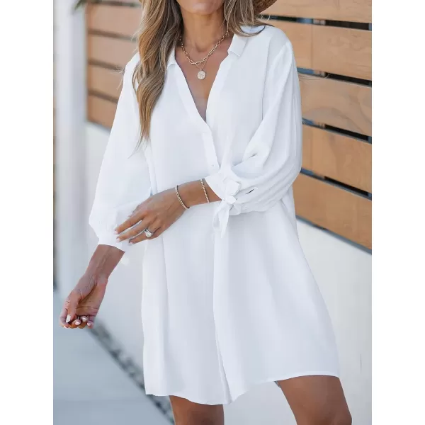 imageCUPSHE Women Floral Shirt Dress Mini Dress Beach Dress 34 Sleeve Button Down Midi Length DressWhite