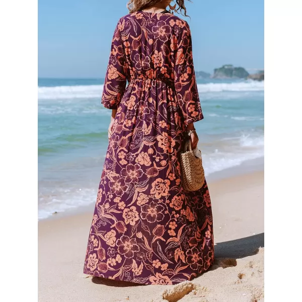 imageCUPSHE Women Floral V Neck Split Cover Up Plunge 34 Sleeve Elastic Waist Classical Maxi DressRed