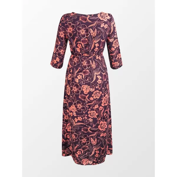 imageCUPSHE Women Floral V Neck Split Cover Up Plunge 34 Sleeve Elastic Waist Classical Maxi DressRed