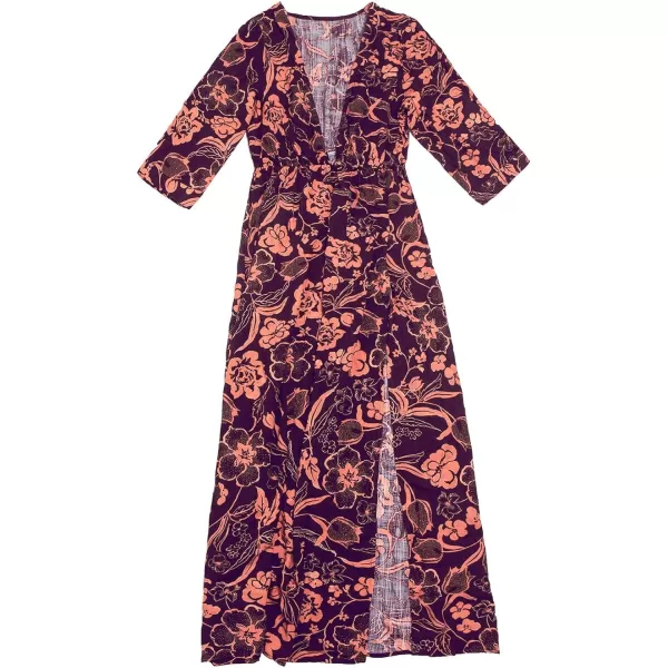 imageCUPSHE Women Floral V Neck Split Cover Up Plunge 34 Sleeve Elastic Waist Classical Maxi DressRed